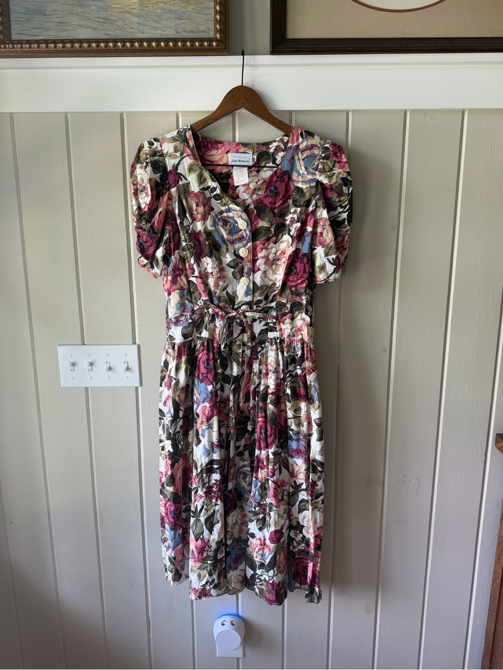Vintage Jodi Michaels Floral Puff Sleeve Midi Dress Pink, Blue & Cream, Size 16